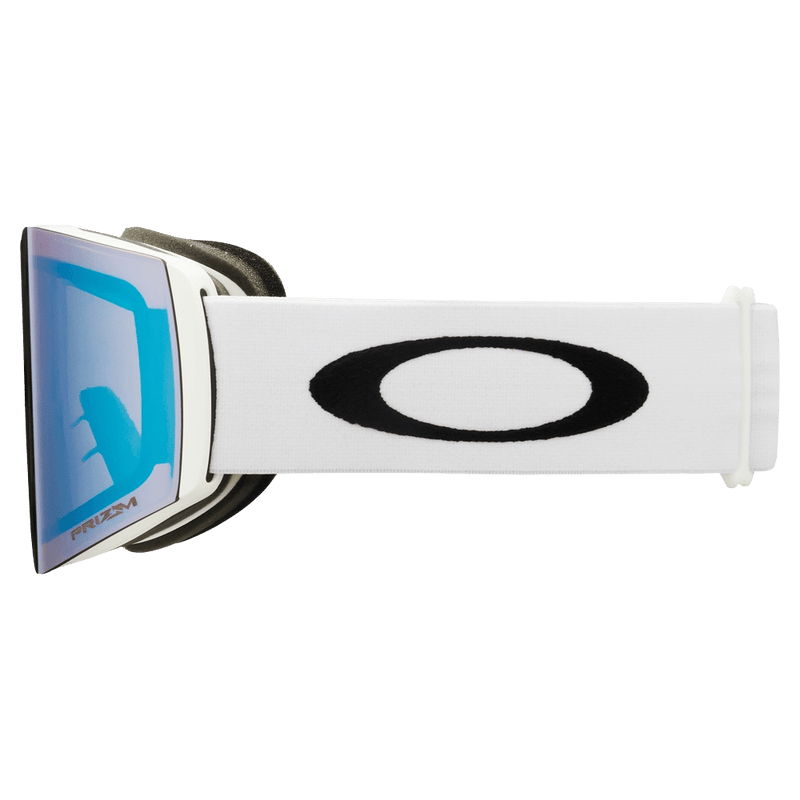 Side view of the Oakley Fall Line XL Goggles in Matte White, Prizm Sapphire lens, unisex model