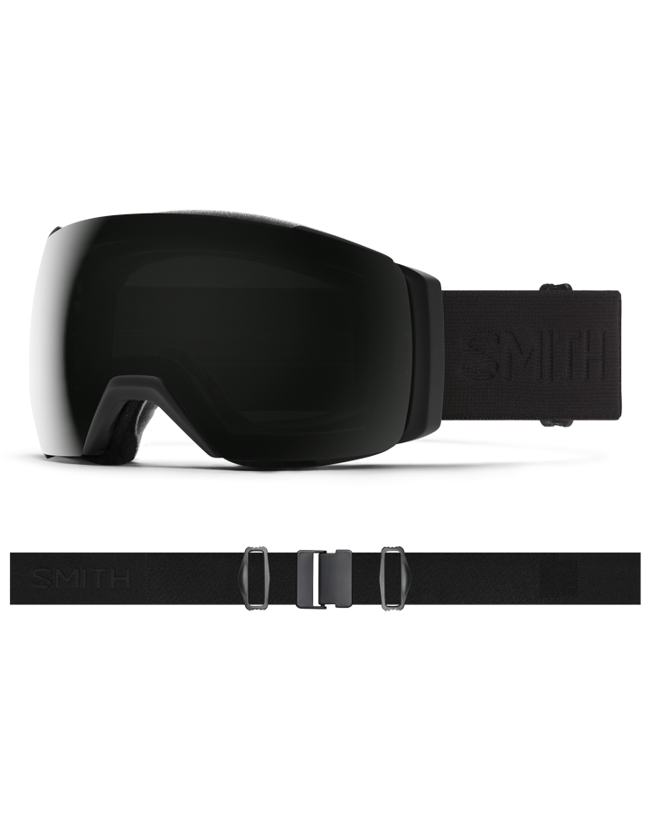 All-black Smith I/O Mag XL snow goggles with a dark lens and adjustable strap showing the Smith logo.