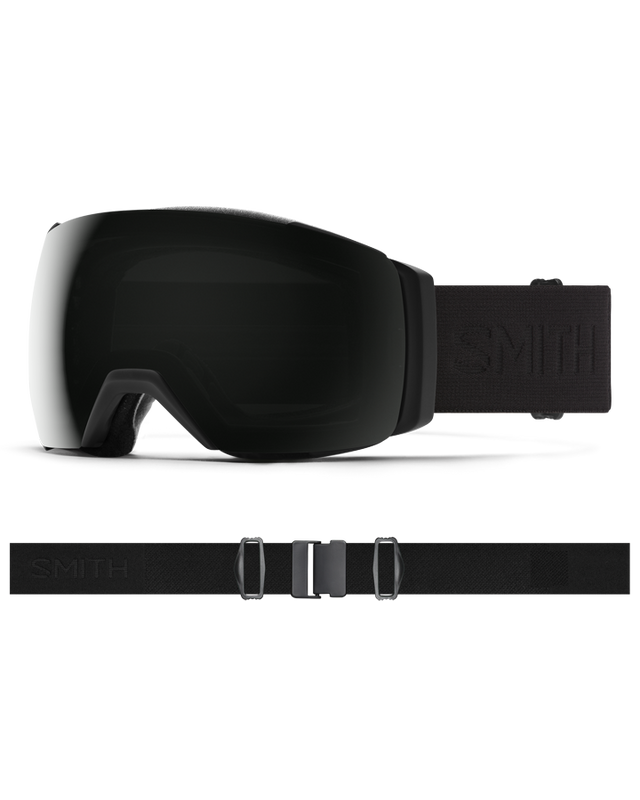 All-black Smith I/O Mag XL snow goggles with a dark lens and adjustable strap showing the Smith logo.