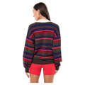 Back view of the PE NATION Retreat Stripe Collar Knit Strawberry Stripe Shirt,  26/27 Womens's model