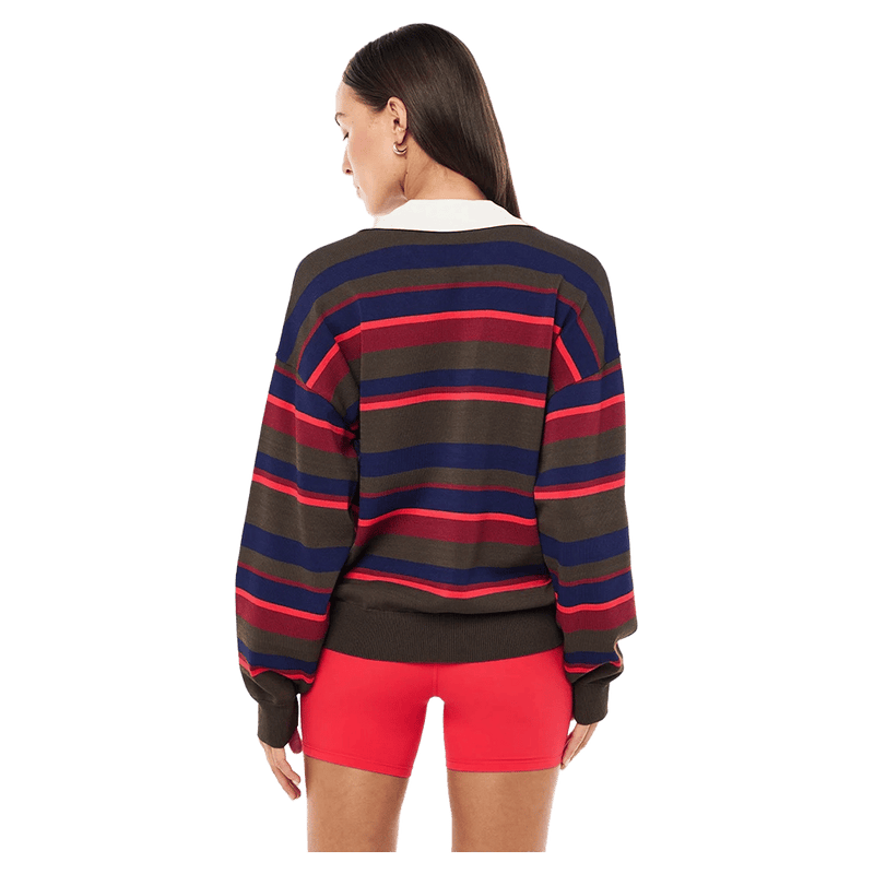 Back view of the PE NATION Retreat Stripe Collar Knit Strawberry Stripe Shirt,  26/27 Womens's model