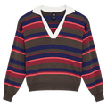 Solo view of the PE NATION Retreat Stripe Collar Knit Strawberry Stripe Shirt,  26/27 Womens's model