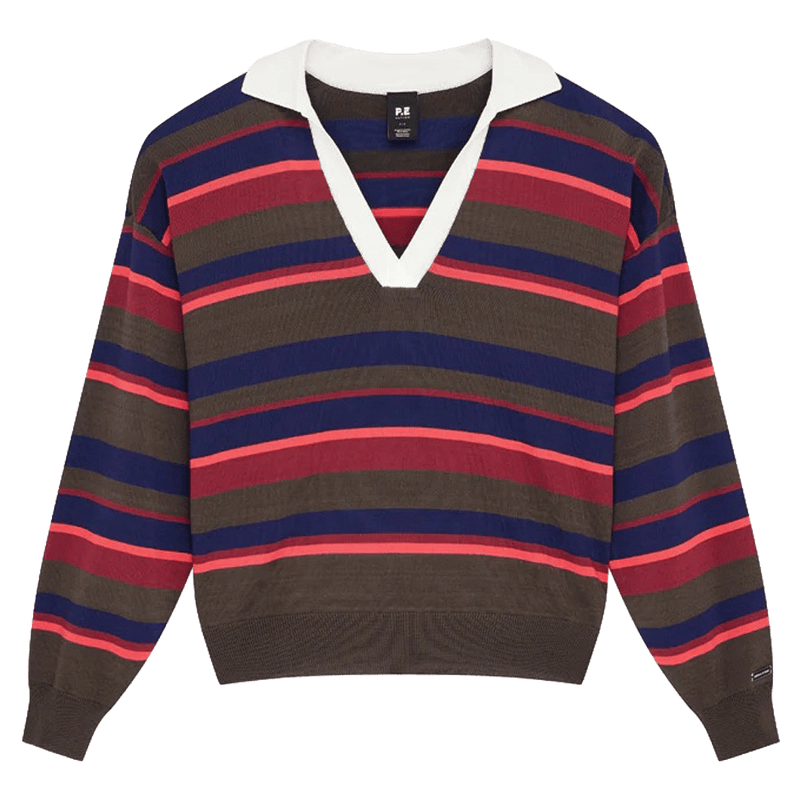Solo view of the PE NATION Retreat Stripe Collar Knit Strawberry Stripe Shirt,  26/27 Womens's model