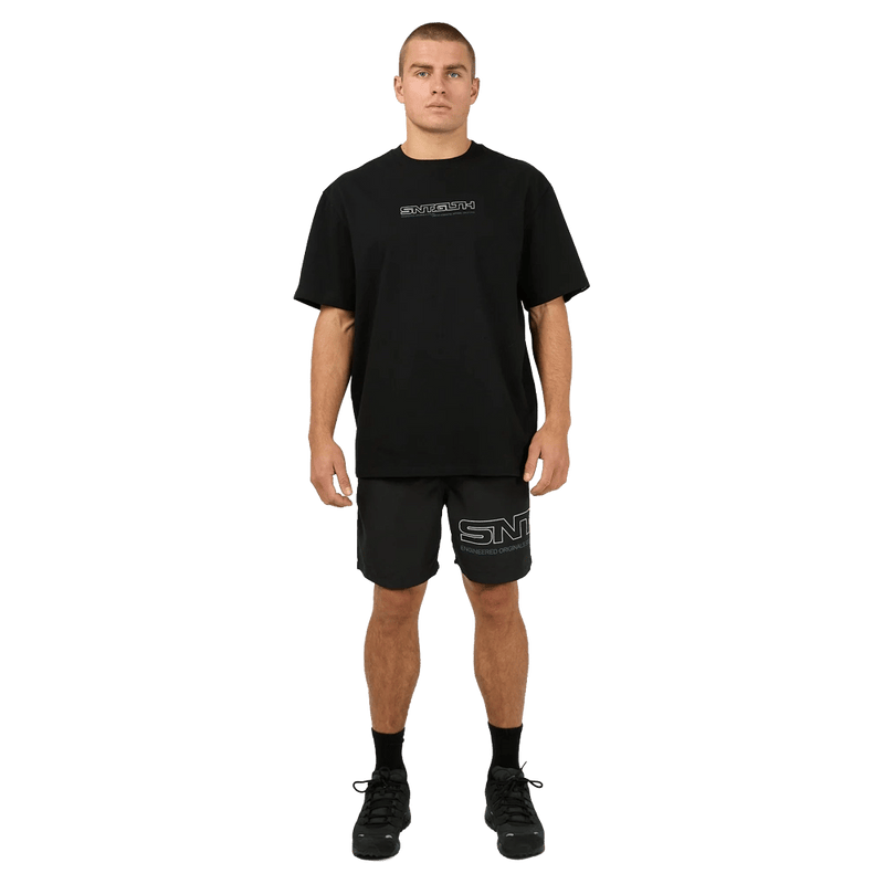 Full-body view of the St Goliath Hyperlink Tee in Black colourway, men's model