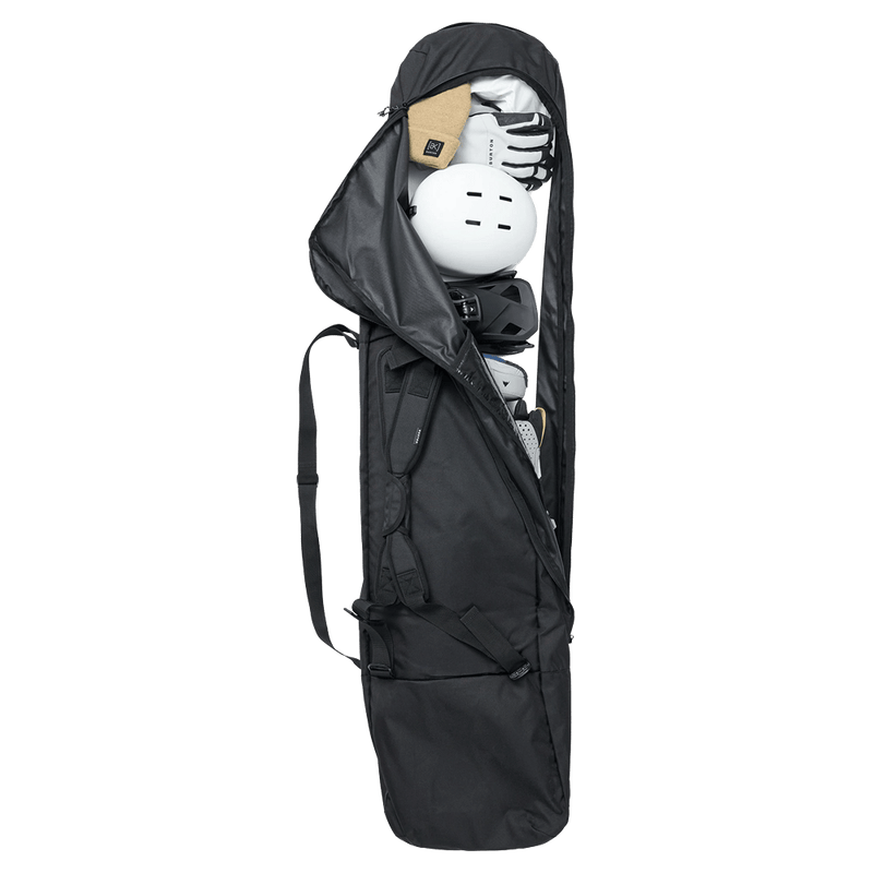Open view of the Burton Commuter Space Sack SB Bag in True Black colourway, unisex's model