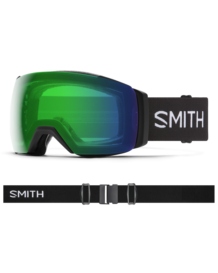 Smith I/O Mag XL Goggles with green mirrored lens, black frame, and black strap with white Smith branding.