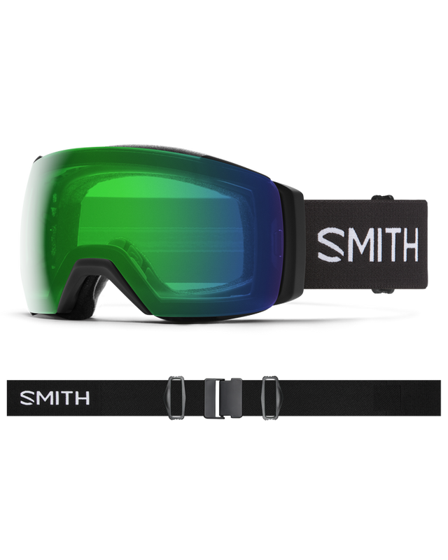 Smith I/O Mag XL Goggles with green mirrored lens, black frame, and black strap with white Smith branding.