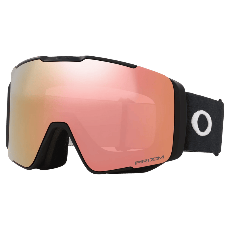 Main view of the Oakley Line Miner Pro XM Goggles in Matte Black, Prizm Rose Gold and Iced lens, unisex model