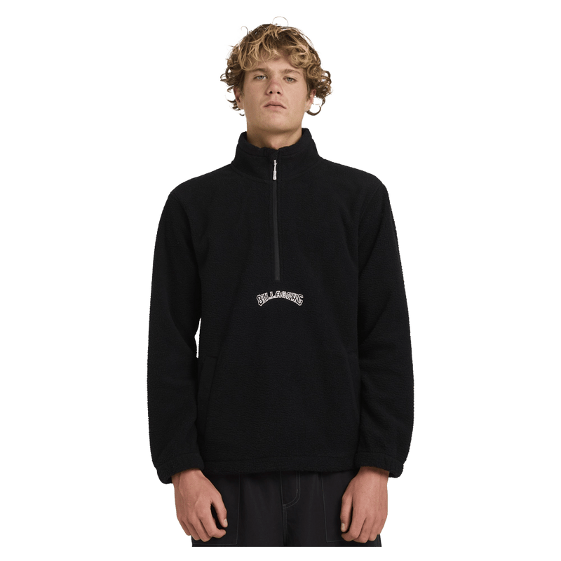 Front close view of man wearing the Billabong Boundary Mockneck Jumper in Black