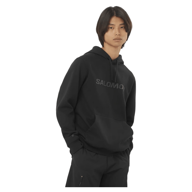 Main view of the Salomon 2026 Logo Hoodie in Deep Black colourway, unisex's model.