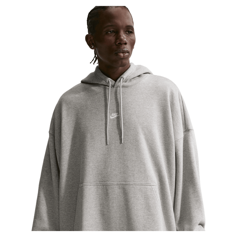 Main view of the Nike Sportswear Club Hoodie in Dark Grey Heather colourway, unisex model