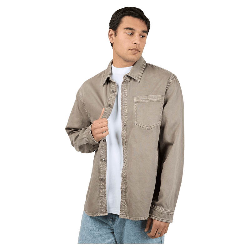 Front view of the St Goliath Moab LS Shirt in Mushroom colourway, men's model