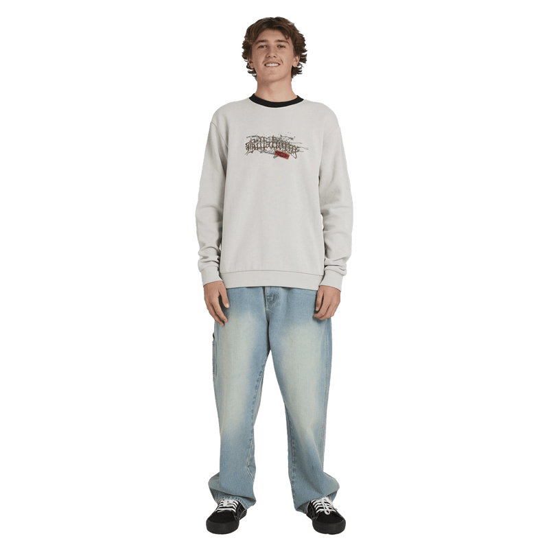 Front view of man wearing the Billabong Immortal Core Crew Jumper in Fog