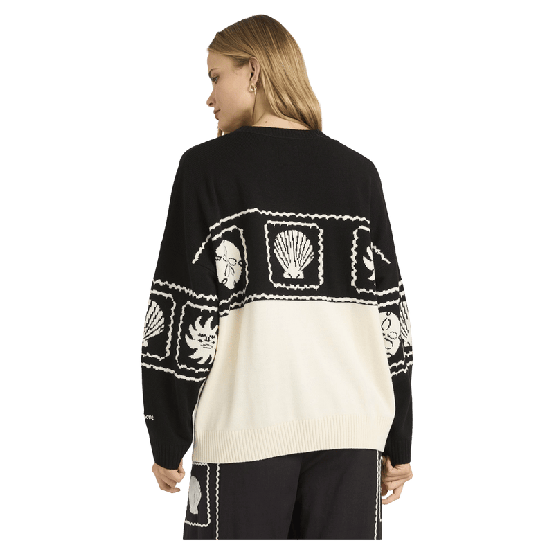 Back view of women wearing the Billabong Sea Side Dreamer Sweater - Womens in Black Sand