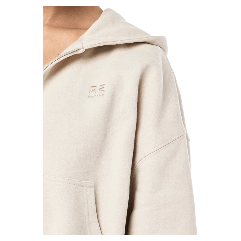 Close  view of the PE NATION Adventure Zip Through Cloud Jumper,  26/27 Womens's model