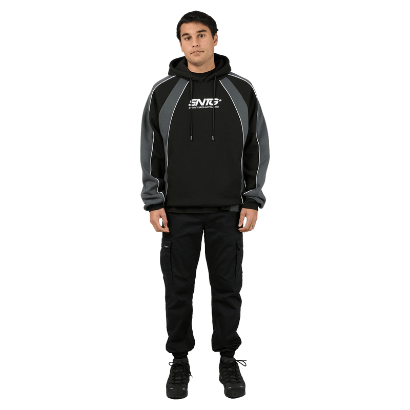 Full-body view of the St. Goliath Annex Hoodie in Black colourway, men's model