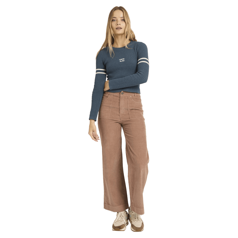 Front view of women wearing the Billabong Real Since 73 Sweater in Stormy