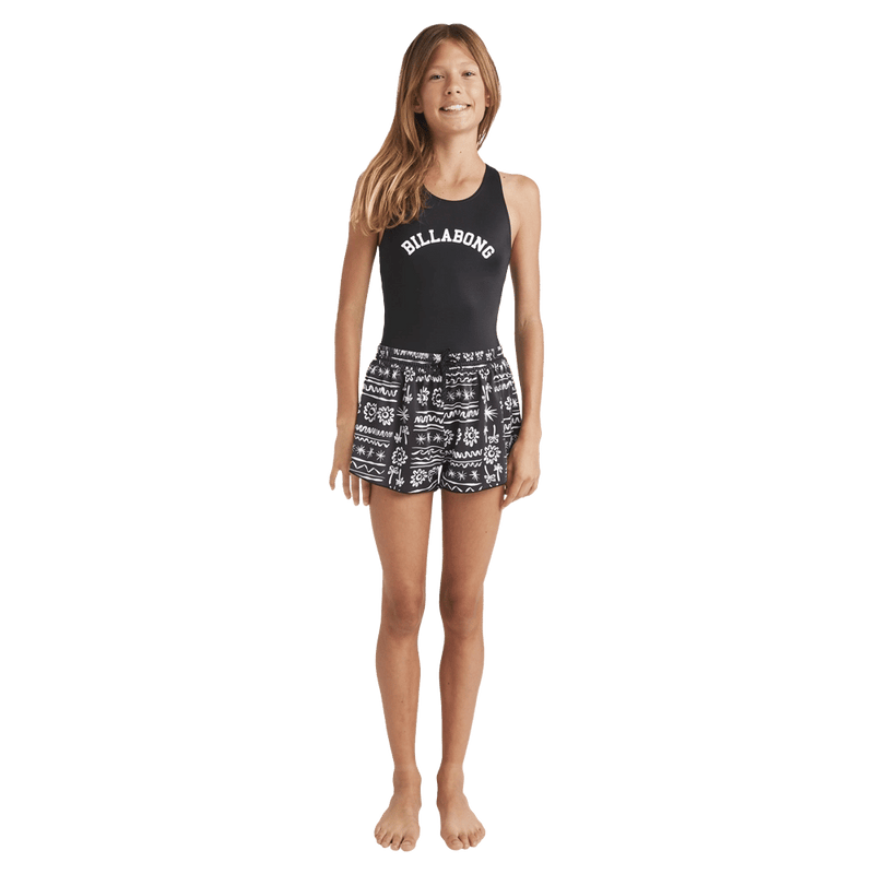 Front view of a girl wearing the Lost On You Swim Volley - Kids from Billabong in Black.