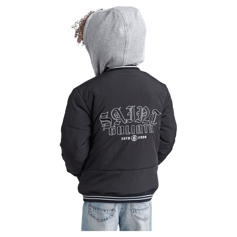 Back view of the St Goliath Global Bomber Jacket in Black colourway, kids's model