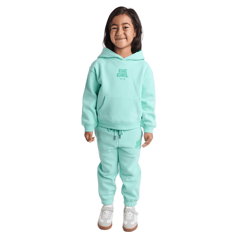 Full-body view of the Eve Girl Sport Club Hoodie in Mint colourway, toddler's model