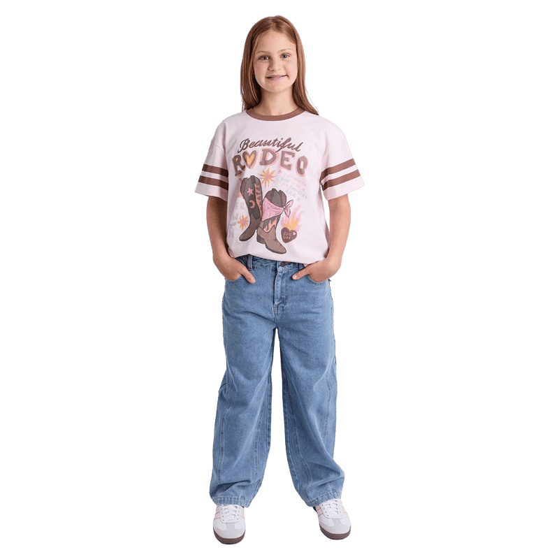 Full-body view of the Eve Girl Emily Barrel Jean in Blue colourway, kids's model