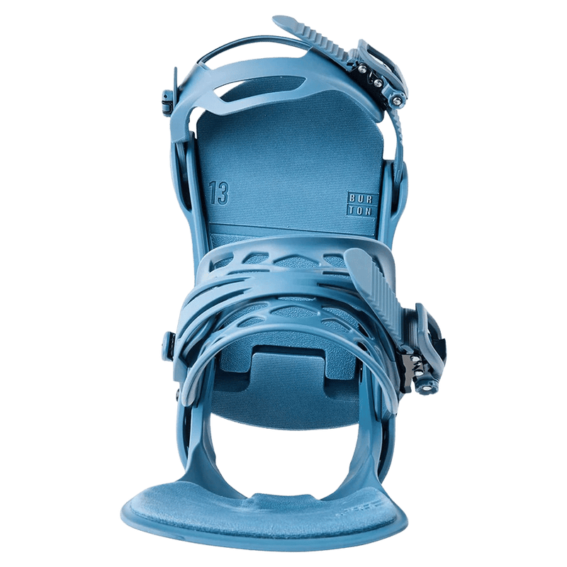 Top view of the Burton Cartel Bindings in Bluestone colourway, mens/unisex's model