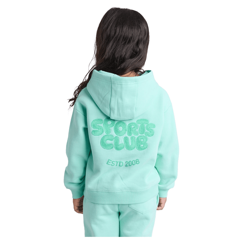 Back view of the Eve Girl Sport Club Hoodie in Mint colourway, toddler's model