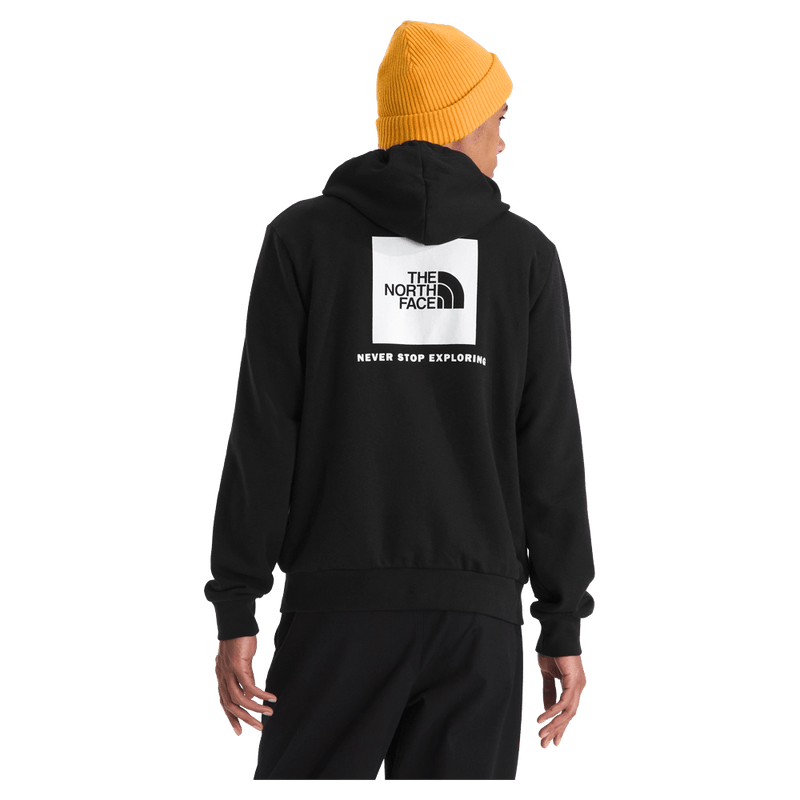 Rear view of a man wearing The North Face Evolution Box NSE Hoodie in Black featuring a box logo graphic in white and black.
