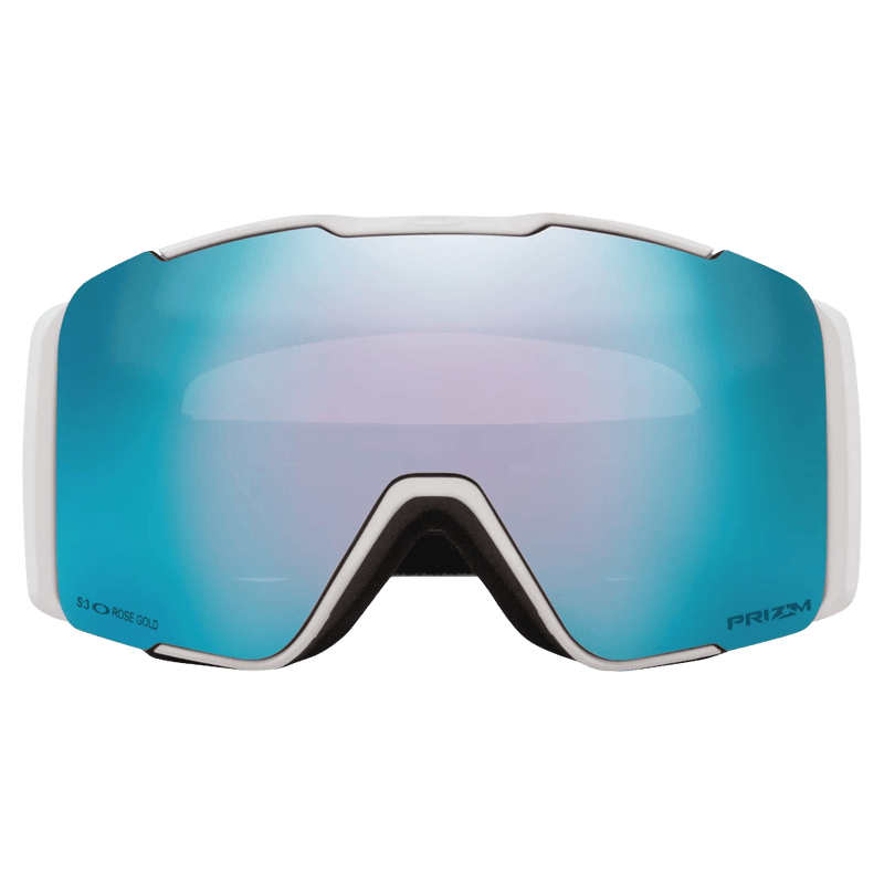 Front view of the Oakley Line Miner Pro XM Goggles in Matte White, Prizm Sapphire and Iced lens, unisex model