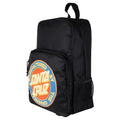 Side view of the Ranger Mfg Backpack from Santa Cruz in Black featuring a yellow, orange and blue cirle log on the front zip pocket, a black base and top carry handle.