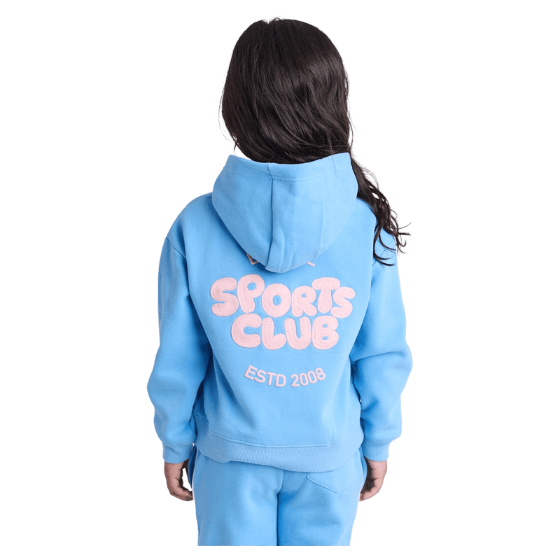 Back view of the Eve Girl Sport Club Hoodie in Blue colourway, toddler's model