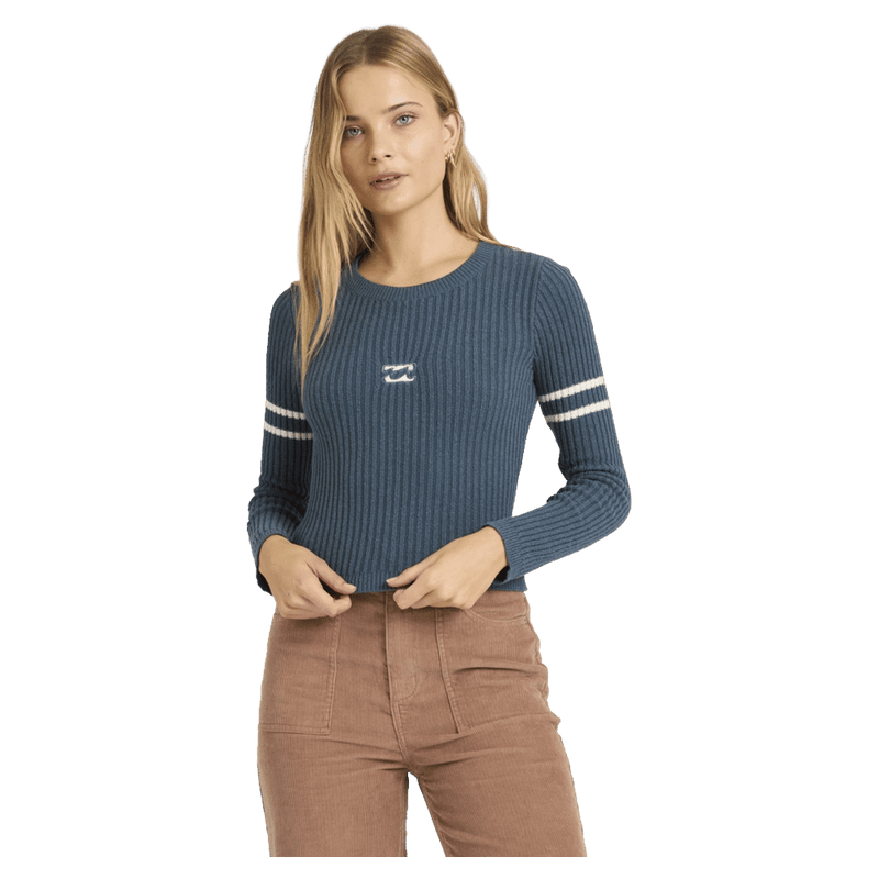 Front view of women wearing the Billabong Real Since 73 Sweater in Stormy