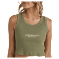 Front view of a woman wearing the Summer Lover Tank - Womens from Billabong in Luv Army. Featuring a scooped neckline, tank cut, ribbed fabric and embroidered branding in white.
