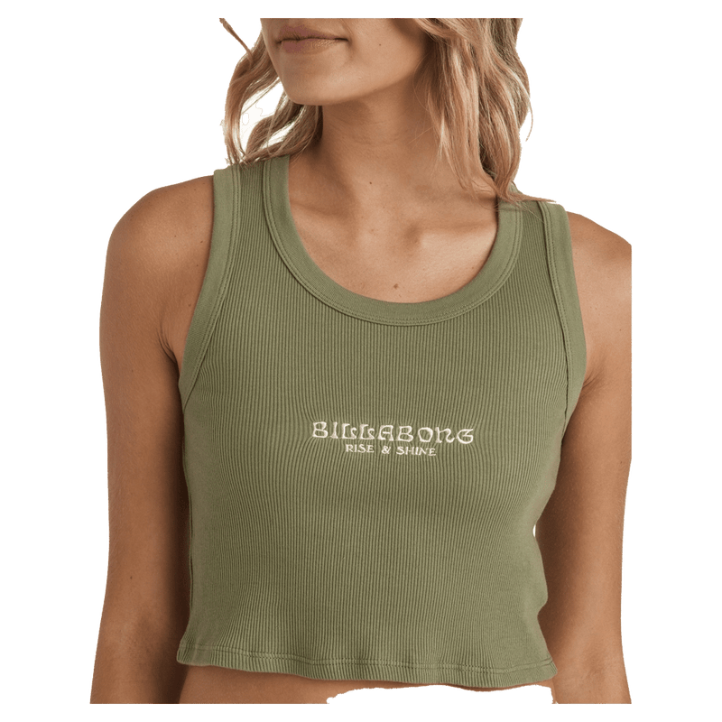 Front view of a woman wearing the Summer Lover Tank - Womens from Billabong in Luv Army. Featuring a scooped neckline, tank cut, ribbed fabric and embroidered branding in white.