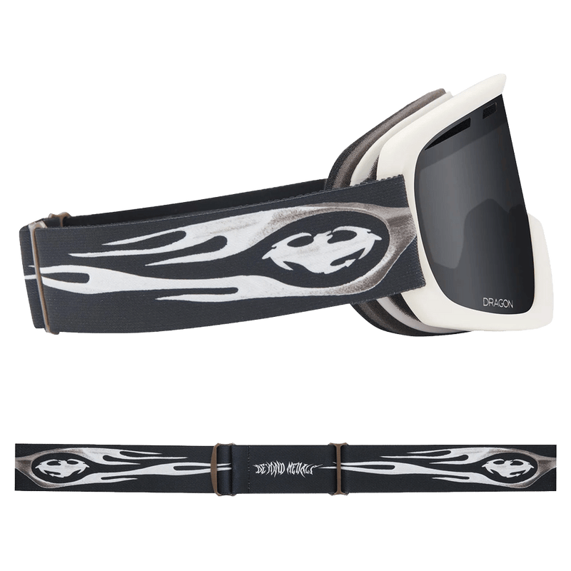 Side view of the Dragn D1 Goggles in Beyond Medals, LL Dark Smoke lens, unisex model