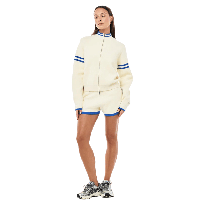 Full view of the PE NATION Odyssey Knit Cardigan Whisper White Jacket,  26/27 Womens's model