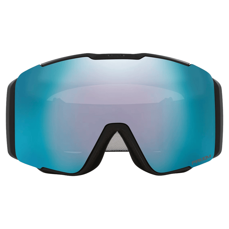 Front view of the Oakley Line Miner Pro XM Goggles in Matte Black, Prizm Sapphire and Iced lens, unisex model