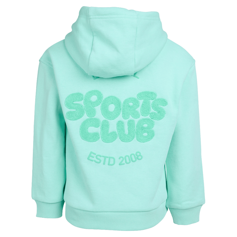 Back view of the Eve Girl Sport Club Hoodie in Mint colourway, toddler's model