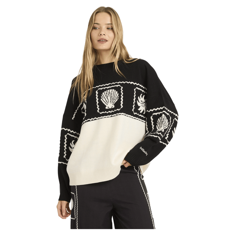 Front view of women wearing the Billabong Sea Side Dreamer Sweater - Womens in Black Sand