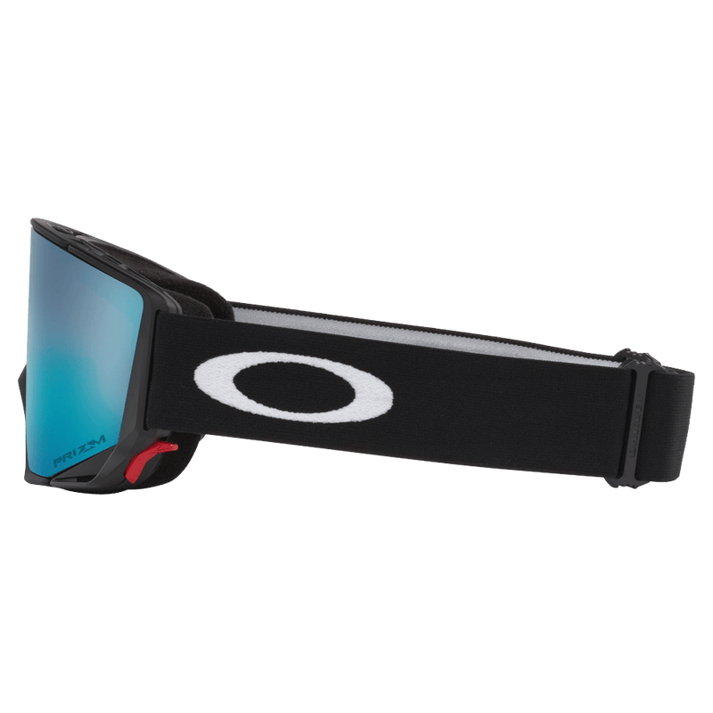 Side view of the Oakley Flow Scape XM Goggles in Matte Black, Prizm Sapphire and Iced lens, unisex model