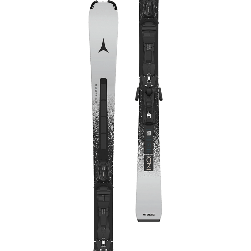 Detailed view of the Atomic 2027 Redster Q7.8 Revoshock C Ski with MI 12 GW Binding, featuring a white topsheet with speckled black detail through the midsection, black logo at the tips, black bindings, and silvery-white branding.