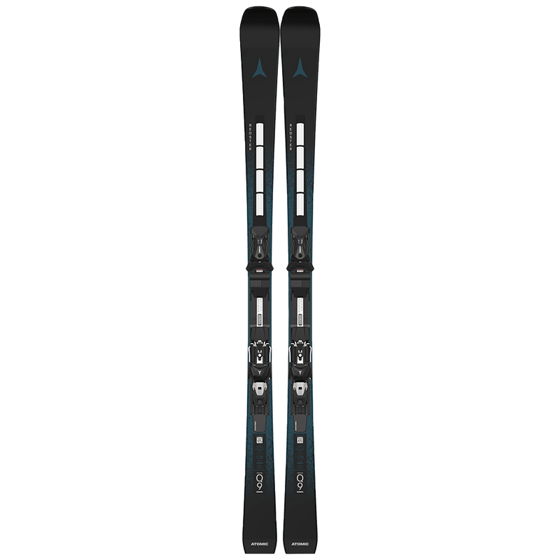 Top view of the Atomic 2027 Redster Q9 Revoshock S Ski with I12 GW Binding, featuring a black topsheet with speckled blue detail through the midsection, blue logo at the tips, black and white bindings, and silvery-white branding