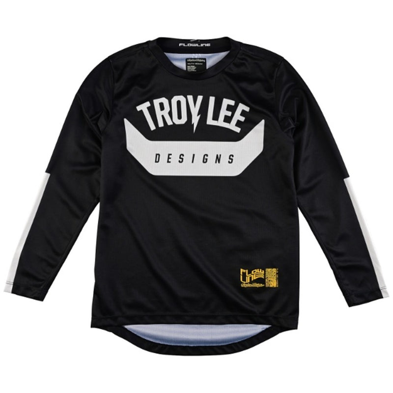 Kids' black long-sleeve mountain bike jersey with white Troy Lee Designs logo on chest and white stripes on sleeves.