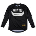 Kids' black long-sleeve mountain bike jersey with white Troy Lee Designs logo on chest and white stripes on sleeves.