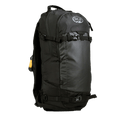 Side view of the Stash 20L Backpack from BCA in black, featuring a top carry handle, adjustable buckles at the upper and lower sections, and silver BCA branding on the front.