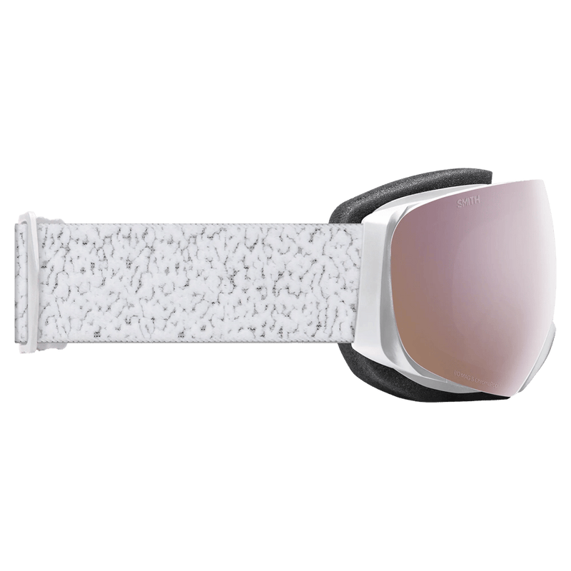 Side view of the Smith IO Mag S Goggles in White Chunky Knit, ChromaPop Everyday Rose Gold Mirror lens, unisex model