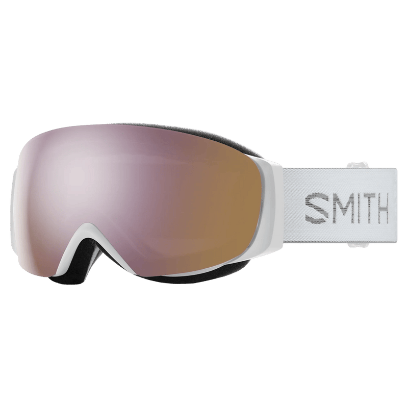 Main view of the Smith IO Mag S Goggles in White Chunky Knit, ChromaPop Everyday Rose Gold Mirror lens, unisex model