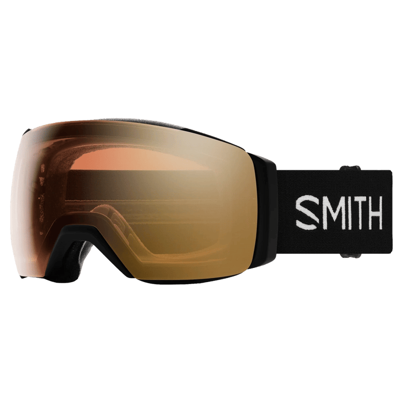 Main view of the Smith I/O Mag XL Low Bridge Goggles in Black, ChromaPop Pro Photochromic Gold Mirror lens, unisex model