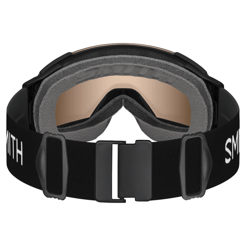 Back view of the Smith I/O Mag XL Low Bridge Goggles in Black, ChromaPop Pro Photochromic Gold Mirror lens, unisex model