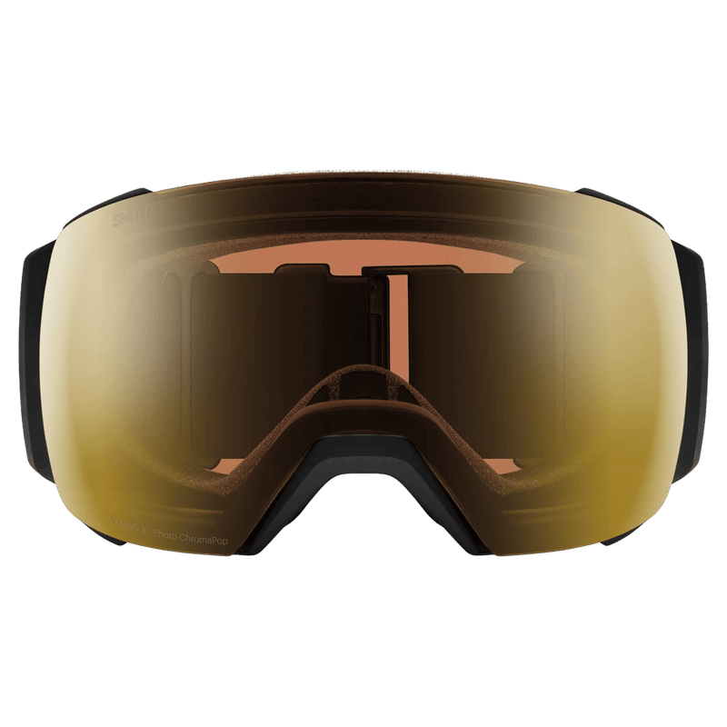 Front view of the Smith I/O Mag XL Low Bridge Goggles in Black, ChromaPop Pro Photochromic Gold Mirror lens, unisex model